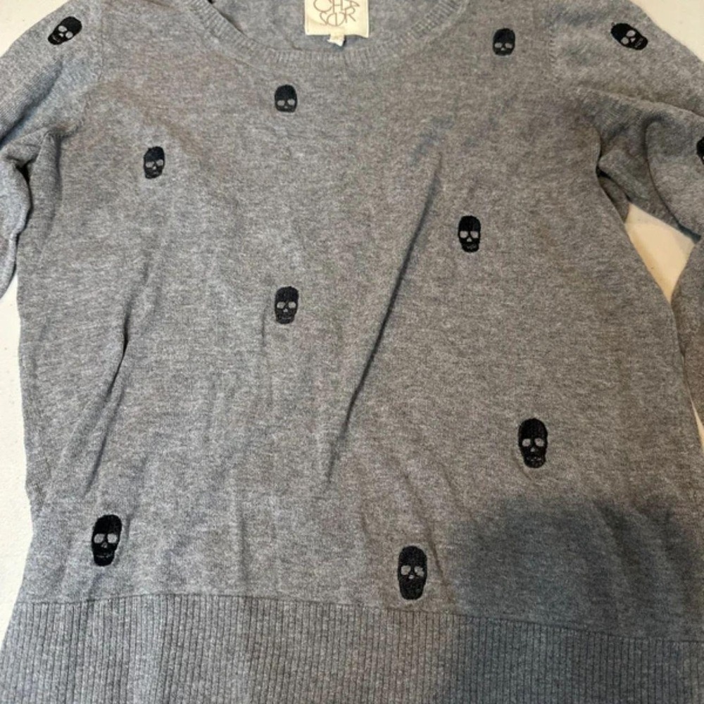 Chaser Womens Gray Embroidered Skull Long Sleeve Crewneck Sweater Size S